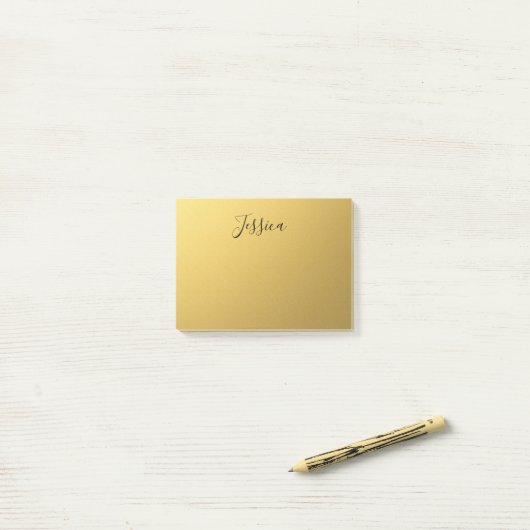 Zwarte Script-naam op gouden achtergrond Post-it® Notes (Op bureau)