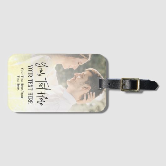 Zwarte Script-tekst met  foto-koppeling Bagagelabel (Voorkant (horizontaal))