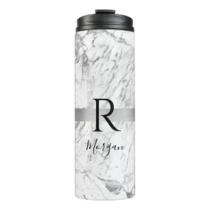 Zwarte scriptnaam & monogram, wit & grijs marmer thermosbeker