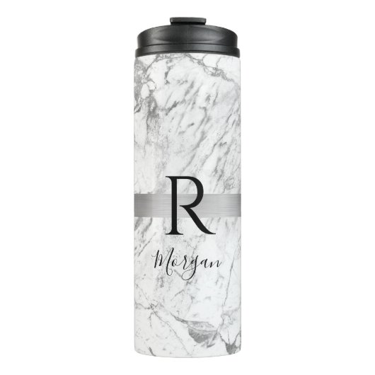 Zwarte scriptnaam & monogram, wit & grijs marmer thermosbeker (Voorkant)