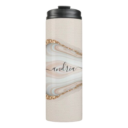 Zwarte scriptnaam op marmer & goud glitters 2 thermosbeker (Voorkant)