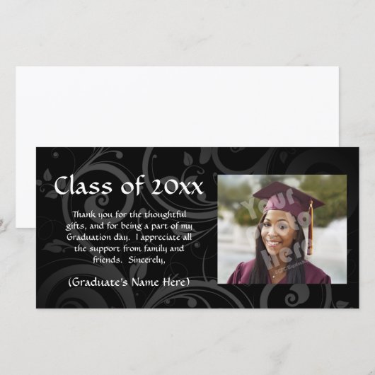 Zwarte Scroll Afstudeeraankondiging/Dankjewel Bedankkaart (Voorkant / Achterkant)