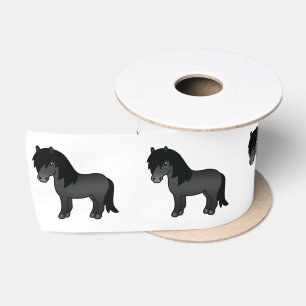 Zwarte Shetlandpony Leuke Cartoon Illustratie Satijnen Lint
