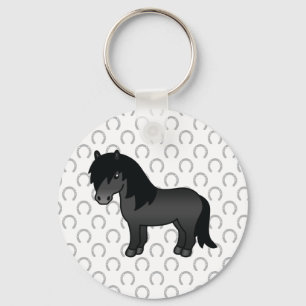 Zwarte Shetlandpony Leuke Cartoon Illustratie Sleutelhanger