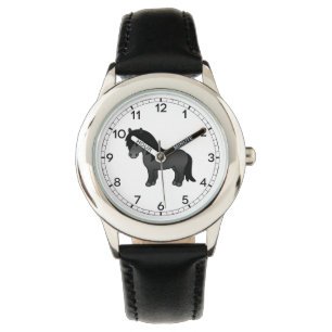 Zwarte Shetlandpony Schattige Cartoon Illustratie Horloge