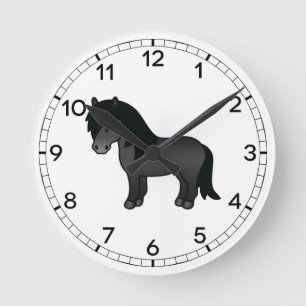 Zwarte Shetlandpony Schattige Cartoon Illustratie Ronde Klok