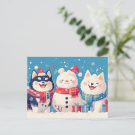 Zwarte Shiba Inu en Samoyed hond met Sneeuwman Feestdagenkaart