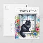 Zwarte Siberische Kat In Raam Waterverf Bloemen Briefkaart (Voorkant / Achterkant)