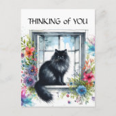 Zwarte Siberische Kat In Raam Waterverf Bloemen Briefkaart (Voorkant)