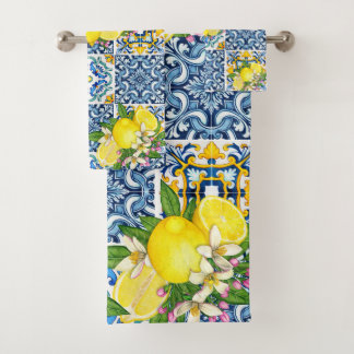 Zwarte Siciliaanse Tegels Citrus Lemons Bad Handdoek