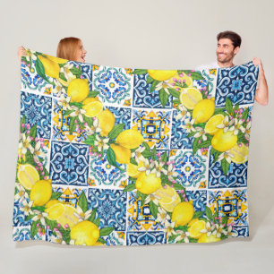 Zwarte Siciliaanse Tegels Citrus Lemons Fleece Deken