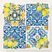 Zwarte Siciliaanse Tegels Citrus Lemons Glazen Onderzetter (Voorkant)