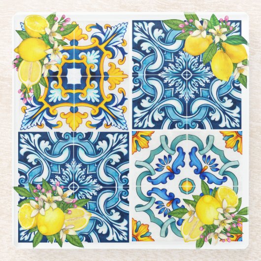 Zwarte Siciliaanse Tegels Citrus Lemons Glazen Onderzetter (Voorkant)