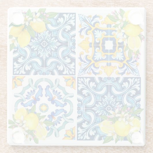 Zwarte Siciliaanse Tegels Citrus Lemons Glazen Onderzetter (Achterkant)