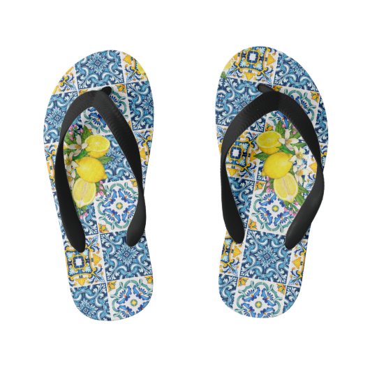Zwarte Siciliaanse Tegels Citrus Lemons Kinder Teenslippers (Voetbed)
