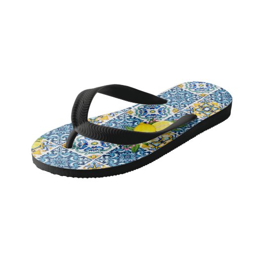 Zwarte Siciliaanse Tegels Citrus Lemons Kinder Teenslippers (Schuin)