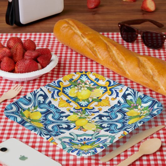Zwarte Siciliaanse Tegels Citrus Lemons Papieren Bordje (Picknick)
