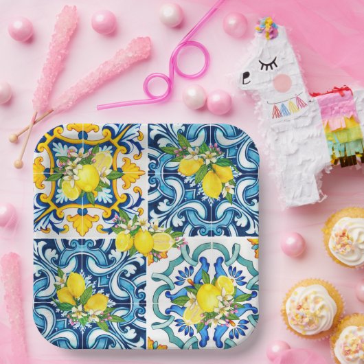 Zwarte Siciliaanse Tegels Citrus Lemons Papieren Bordje (Feest)