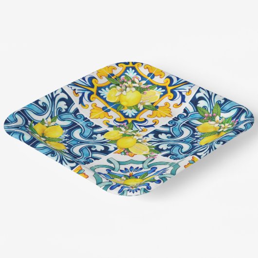 Zwarte Siciliaanse Tegels Citrus Lemons Papieren Bordje (Gebogen)