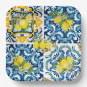 Zwarte Siciliaanse Tegels Citrus Lemons Papieren Bordje (Voorkant)