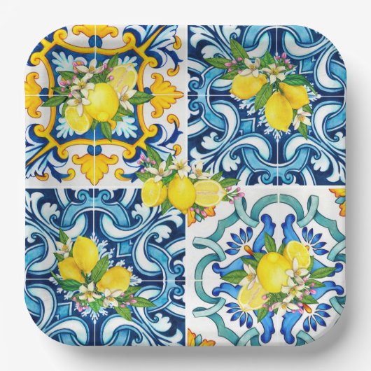 Zwarte Siciliaanse Tegels Citrus Lemons Papieren Bordje (Voorkant)