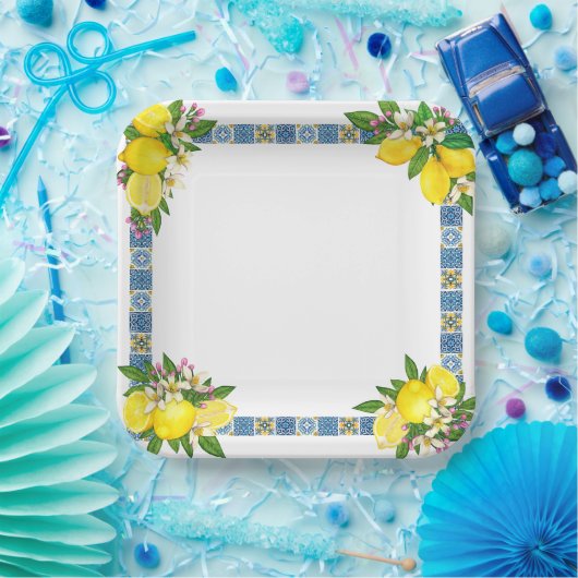 Zwarte Siciliaanse Tegels Citrus Lemons Papieren Bordje (Feest)