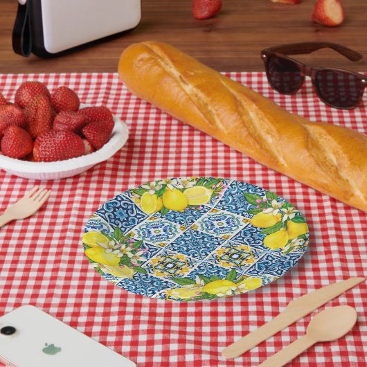 Zwarte Siciliaanse Tegels Citrus Lemons Papieren Bordje (Picknick)