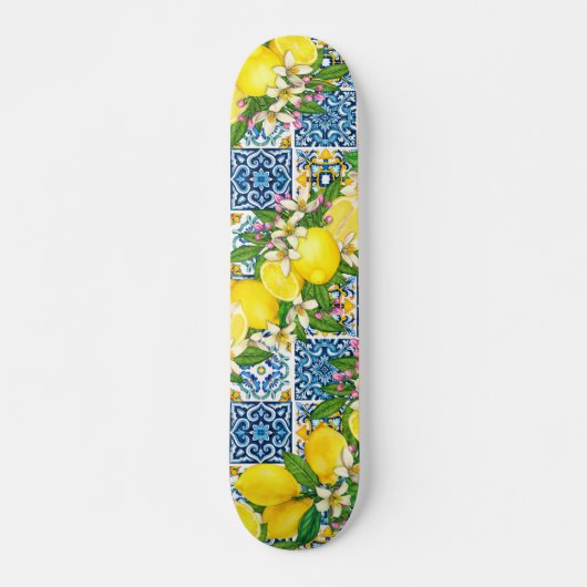 Zwarte Siciliaanse Tegels Citrus Lemons Persoonlijk Skateboard (Voorkant)