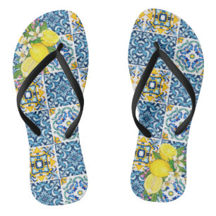 Zwarte Siciliaanse Tegels Citrus Lemons Teenslippers