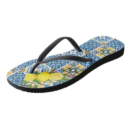 Zwarte Siciliaanse Tegels Citrus Lemons Teenslippers (Schuin)