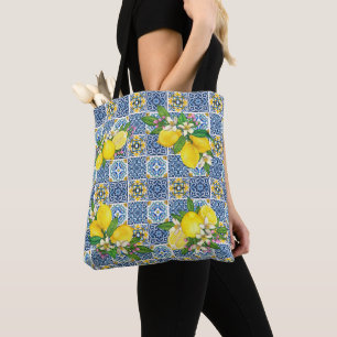 Zwarte Siciliaanse Tegels Citrus Lemons Tote Bag