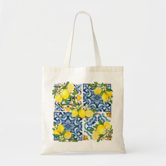 Zwarte Siciliaanse Tegels Citrus Lemons Tote Bag (Voorkant)