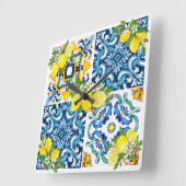 Zwarte Siciliaanse Tegels Citrus Lemons Vierkante Klok (Hoek)