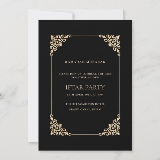 Zwarte Sierlijke Barok Gouden Script Iftar Feest Kaart (Voorkant)
