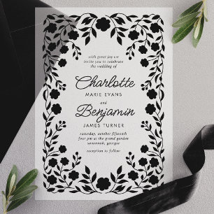 Zwarte Sierlijke Bloemrand Frame Bruiloft Vellum Uitnodigingen