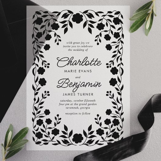 Zwarte Sierlijke Bloemrand Frame Bruiloft  Vellum Uitnodigingen
