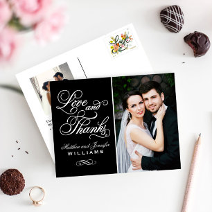 Zwarte sierlijke Love and Thanks Trouwfoto Briefkaart