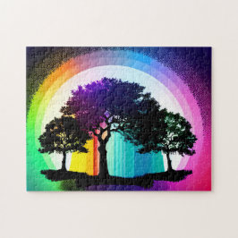 Zwarte Silhouet Bomen en Regenboog Achtergrond Legpuzzel