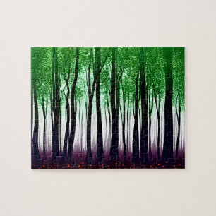 Zwarte Silhouetbomen met groen op Paarse grond Legpuzzel