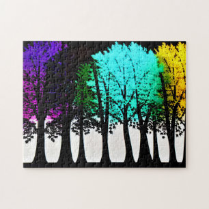 Zwarte Silhouetbomen met Paarse Aqua en Geel Legpuzzel