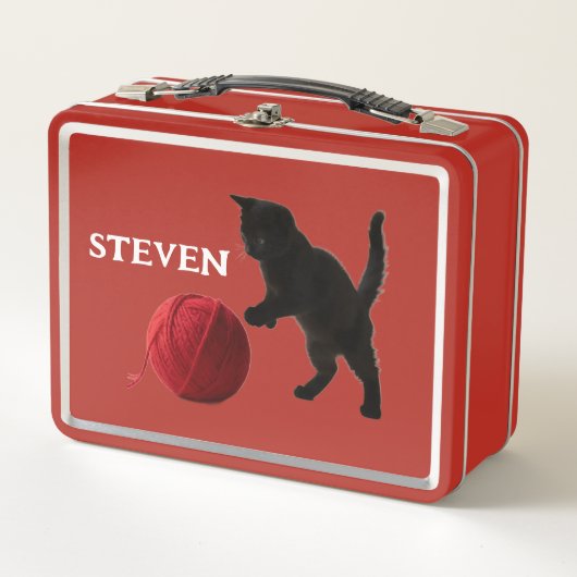Zwarte Silhouette Kitty, met rode wollen Bal (Voorkant)