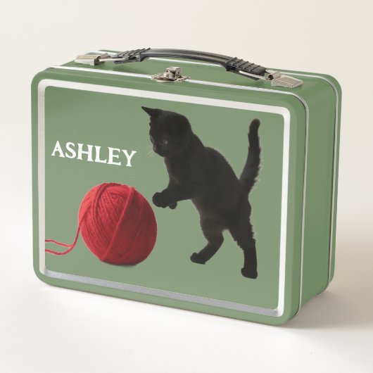Zwarte Silhouette Kitty, met rode wollen Bal (Voorkant)