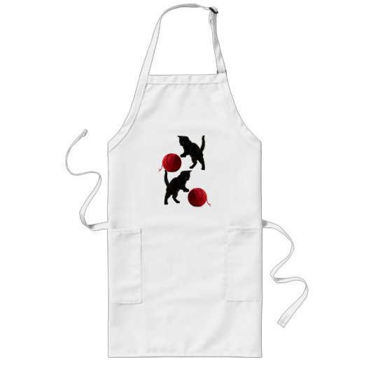 Zwarte Silhouette Kitty, met rode wollen Bal Lang Schort (Voorkant)