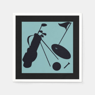 Zwarte silhouetten van golf items op blauwe achter servet