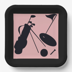 Zwarte silhouetten van golf items op roze achtergr papieren bordje