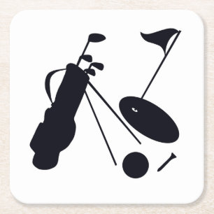 Zwarte silhouetten van golf items op wit kartonnen onderzetters