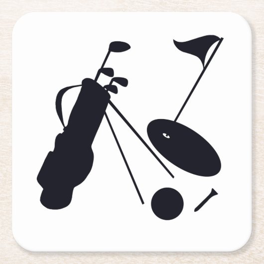 Zwarte silhouetten van golf items op wit kartonnen onderzetters (Voorkant)
