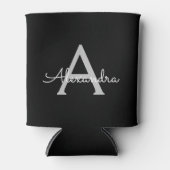 Zwarte Silver Modern Script Girly Monogram Naam Blikjeskoeler (Voorkant)