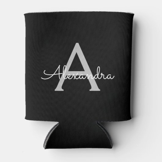 Zwarte Silver Modern Script Girly Monogram Naam Blikjeskoeler (Voorkant)