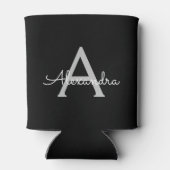 Zwarte Silver Modern Script Girly Monogram Naam Blikjeskoeler (Achterkant)